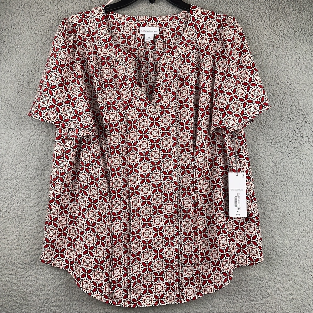 Liz Claiborne Top Womens Medium Pink Geometric Pattern V-Neck Pleated Blouse NWT